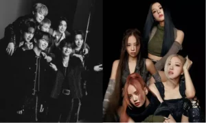 Colagem de logotipos e imagens de grupos como BTS, BLACKPINK e Red Velvet, ilustrando a lista de melhores álbuns de K-pop.