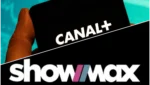 Logotipo da plataforma de streaming Showmax exibido em uma tela digital com fundo escuro e iluminação azul.