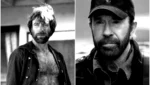 Montagem em preto e branco de Chuck Norris em dois momentos da carreira. À esquerda, o ator jovem com barba e camisa aberta; à direita, um retrato mais recente usando boné e jaqueta, mantendo sua expressão séria característica.