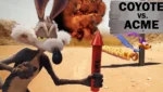 Pôster oficial do filme Coyote vs. Acme apresentando Wile E. Coiote em um tribunal ao lado de seu advogado.