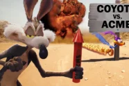 Pôster oficial do filme Coyote vs. Acme apresentando Wile E. Coiote em um tribunal ao lado de seu advogado.