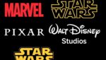 Logotipos da Walt Disney Studios, Pixar, Star Wars e Marvel em fundo preto