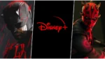 Imagem com “Demolidor: Renascido – 2ª Temporada” à esquerda, logotipo da Disney+ ao centro e “Star Wars: Maul – Lorde das Sombras” à direita, destacando estreias de maio de 2026