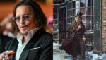 Johnny Depp caracterizado como Ebenezer Scrooge sob maquiagem pesada em cena do filme