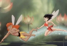 Ilustração de uma floresta tropical densa e mística, remetendo ao cenário de FernGully.