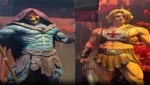 Estátuas de He-Man e Esqueleto expostas na recepção da CinemaCon 2026.