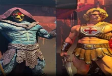 Estátuas de He-Man e Esqueleto expostas na recepção da CinemaCon 2026.
