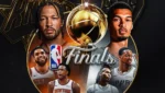 Logotipo da NBA com destaque para Knicks e Spurs antes do início das finais da liga em série melhor de sete jogos.