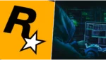 Logotipo da Rockstar Games sobre um fundo escuro com elementos digitais de segurança.