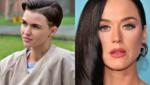 Montagem com os rostos da atriz Ruby Rose e da cantora Katy Perry em fundo neutro.