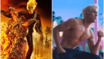 Montagem comparativa dividida ao meio. À esquerda, uma arte de fã mostra Ryan Gosling como o Motoqueiro Fantasma da Marvel, com uma caveira em chamas, jaqueta de couro com espinhos e correntes incandescentes. À direita, uma foto oficial de Ryan Gosling como Ken no filme Barbie, exibindo o cabelo loiro platinado e o físico definido em um cenário ensolarado e colorido.