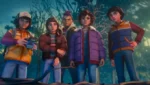 Cena de animação de Stranger Things: Tales From ’85 com personagens em Hawkins durante o inverno de 1985