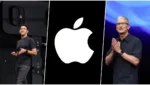 Imagem corporativa da Apple com destaque para transição de liderança entre Tim Cook e John Ternus no comando da empresa