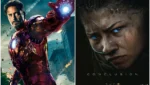 A imagem apresenta uma montagem dividida ao meio comparando dois grandes blockbusters. Do lado esquerdo, Robert Downey Jr. aparece como Homem de Ferro em uma armadura vermelha e dourada, estendendo a mão direita com o repulsor aceso em um cenário de batalha urbana. Do lado direito, um close dramático do rosto de Zendaya com olhos azuis brilhantes e marcas de areia na pele, sob os dizeres The Epic Conclusion e o título Dune Part Three com a data 12.18.
