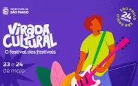 Palco da Virada Cultural em São Paulo com público durante shows no Vale do Anhangabaú.