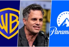 A esquerda logo da Warner Bros, no meio Mark Ruffalo e a direita o logo da Paramount.