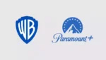 Logotipos da Warner Bros. Discovery e Paramount em destaque sobre fundo de estúdio de cinema.